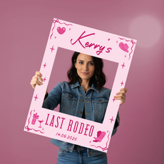 Personalised Hen Do Selfie Frame Sign: Pink Colour 'Last Rodeo' Decoration
