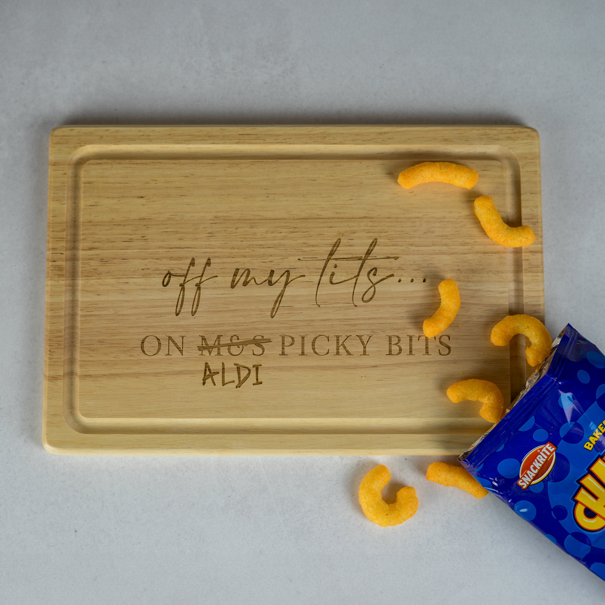 Personalised Engraved Chopping Board Off My Tits on Aldi Picky Bits